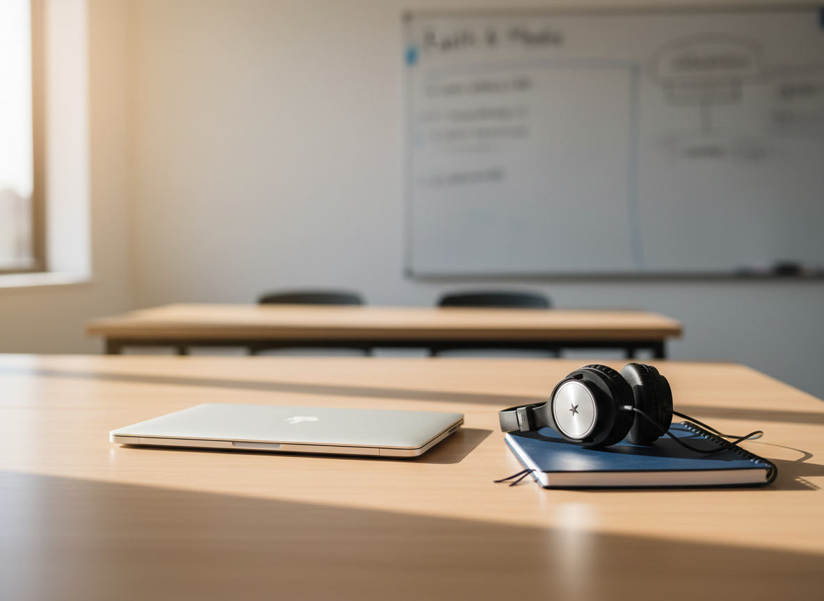 A neatly arranged media workshop table featuring a closed silver laptop with a subtle cross icon etched near the trackpad, a spiral notebook with a navy blue cover embossed with a small star, and a pair of studio headphones resting on top. The table is a smooth light oak surface set in a bright, modern classroom. Soft morning sunlight pours in from an unseen window, creating gentle reflections on the laptop and warm shadows along the tabletop. In the blurred background, a whiteboard displays faint, out-of-focus notes about faith and media. Photographic realism at eye level, with a shallow depth of field and a calm, professional atmosphere that feels welcoming and contemplative.